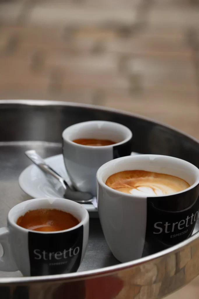 Stretto espresso and cappuccino served on a tray at Konoba Malo Misto in Zadar