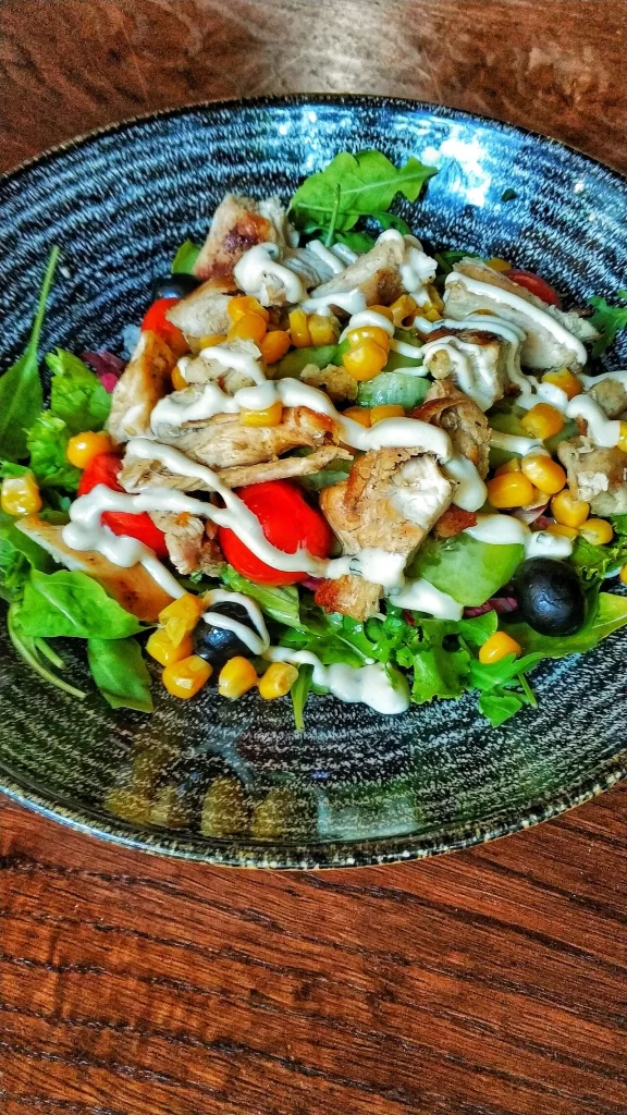 Grilled chicken salad with corn, cucumbers, peppers and dressing at Konoba Malo Misto, Zadar