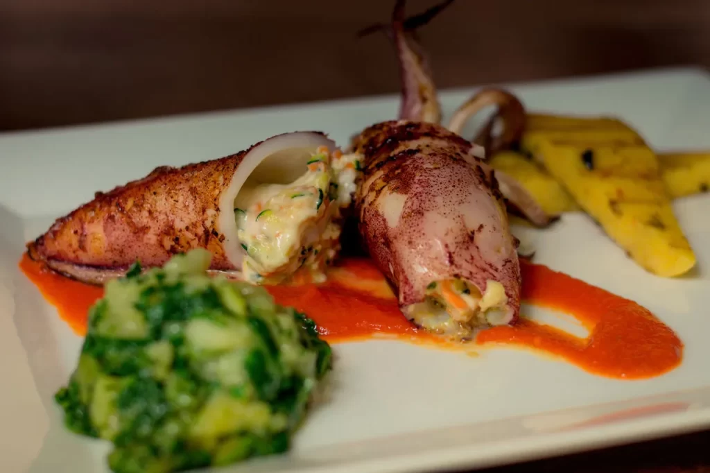 Traditional Croatian stuffed squid with Swiss chard and polenta at Konoba Malo Misto in Zadar