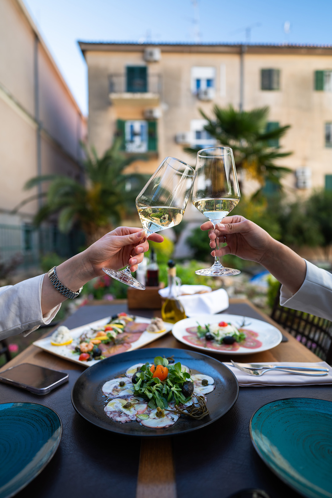 Guests raising glasses over appetizers on the Malo Misto terrace